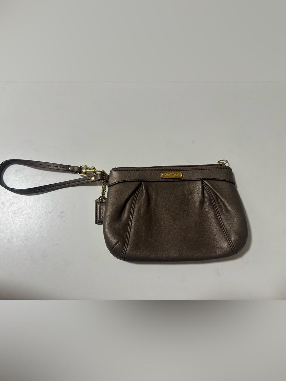 Coach legacy bronze/brown Leather Pleated Wristlet with Gold Hardware